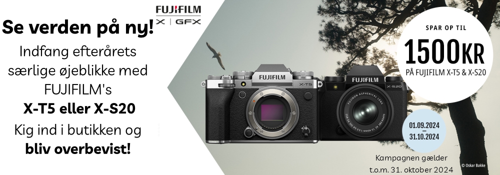 Instant rebate kampagne FUJIFILM X Spar op til 1.500 kr. på FUJIFILM X-T5 OG X-S20 Kampangen gælder til og med 31 oktober. 2024